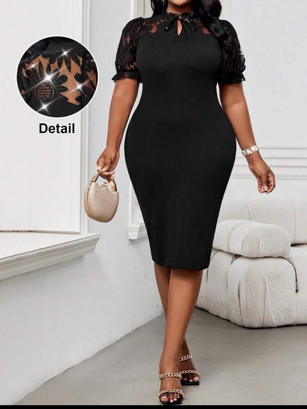 SHEIN Black Lace-Yoke Midi Sheath Dress
